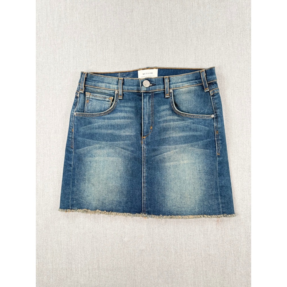 McGuire Denim Mini Skirt Medium Wash Raw Hem Size 26 Made in USA 238